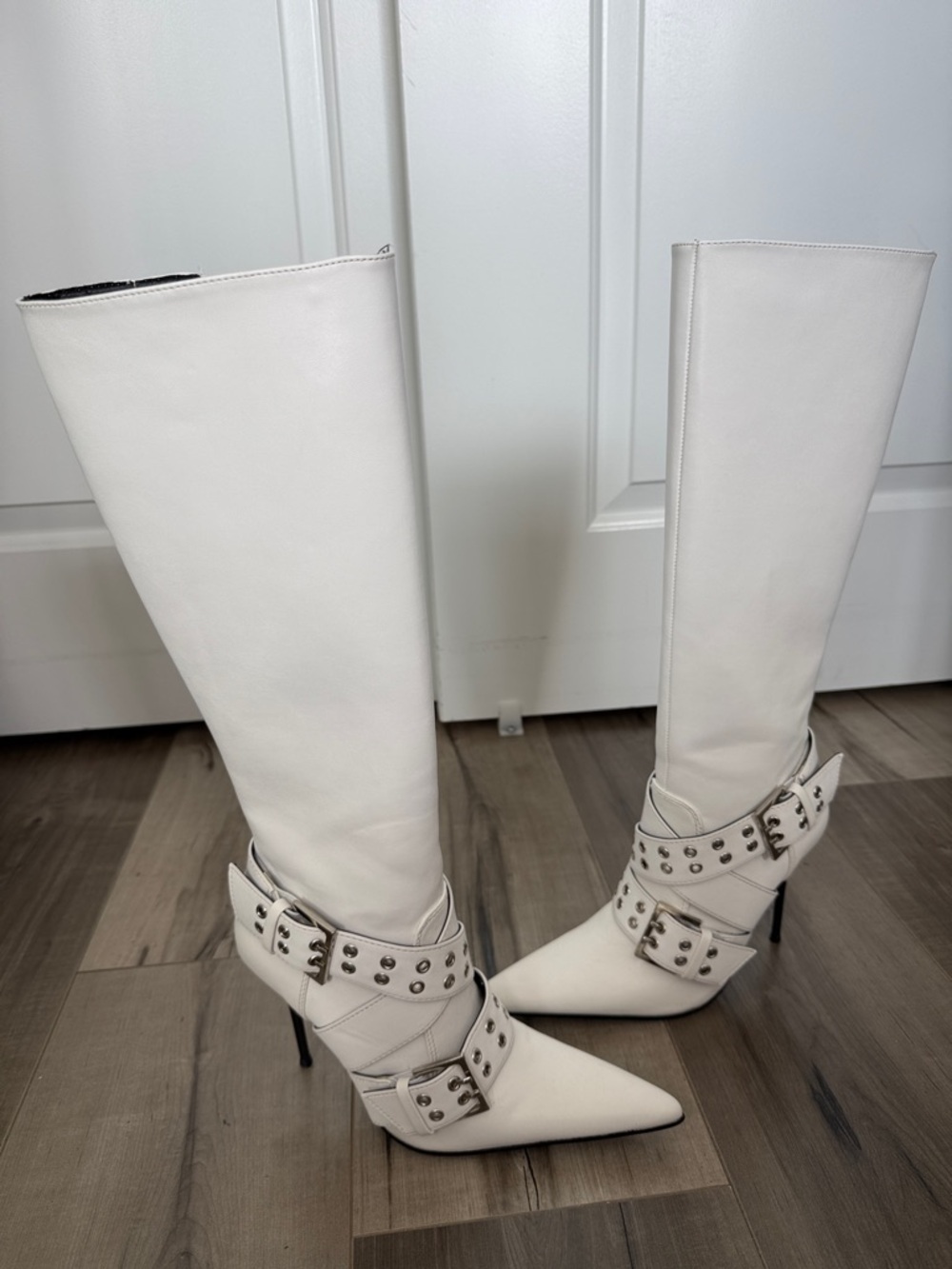 Dolls Kill White Studded Knee-High Pointed-Toe Boots